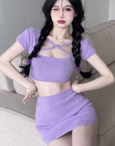 2pcs/set Summer Cross Midriff Sexy Women Korean Wrap Sweet Mini Skirt Set Elastic Skinny Fit Party Suit