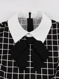 Knot Neck Black and White Plaid Vintage Cotton Women Elegant Party 3/4 Length Sleeve Spring Midi Dress