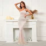 Women Sexy Slash Neck Party Maxi Dress One Shoulder Sequin Evening Long Prom Dress