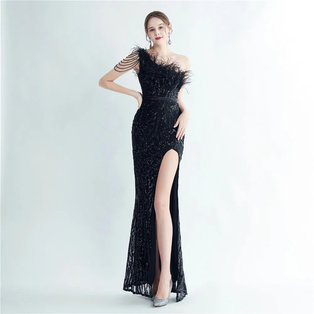 Elegant Slash Neck Feather Sequin Evening Dress Women Beading Long Party Maxi Dress