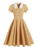 Shawl Collar Buttons High Waist Vintage Corduroy Midi Swing Dress Women Short Sleeve Pocket Side Midi Elegant Dresses