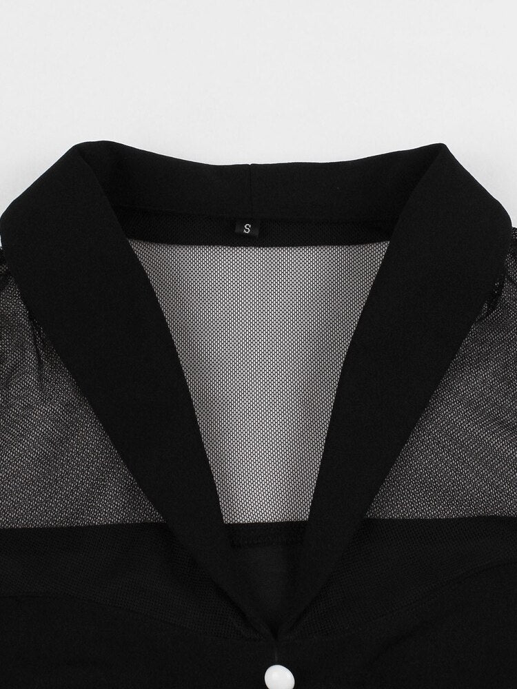 Contrast Mesh Button Front Short Sleeve Tees Summer Women Vintage T Shirt Elegant Black Tops