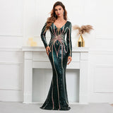 Stretch Gold Sequin Maxi Dress Full Sleeve V Neck Mermaid Evening Night Long Party Dress