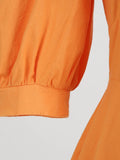 Orange Square Neck Ruched Bust High Waist Elegant Midi Dress Women 3/4 Length Sleeve Solid Vintage Cotton Dresses
