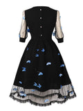Black Elegant 3D Butterfly Mesh Overlay Vintage Evening Party Women Button Back Gorgeous Dress