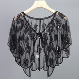 Retro 1920s Beaded Sequin Shawl Vintage Flapper Evening Cape Sheer Mesh Embroidery Leaf Women Bolero Party Accessories