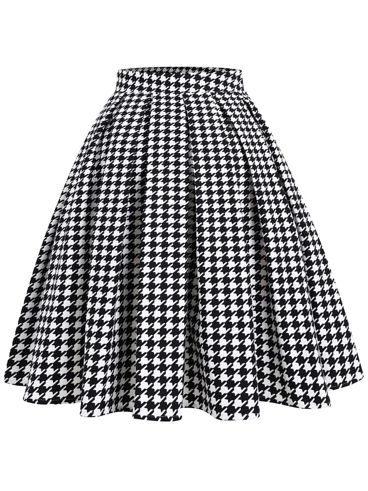 High Waist Houndstooth Plaid 50s Vintage Pleated Women Autumn Winter Knee Length Retro Skirts