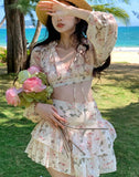2pcs/set Floral Women Sexy Party Retro Party Mini Beach Casual Backless Korean Top Skirt Set
