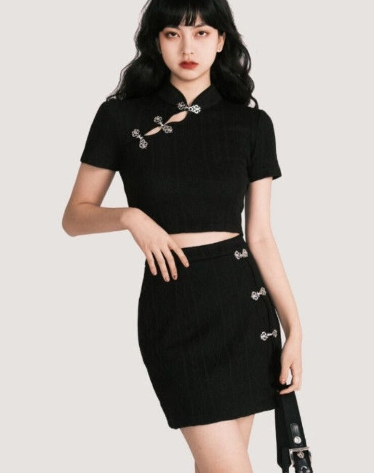 Summer Casual Button Retro Two Piece Set Women Hollow Out Midriff Sexy Mini Skirt Set New Chinese Style Slim Suits