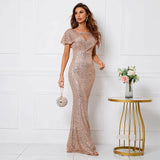 Elegant Long Gold Sequin Dress V Neck Party Maxi Dress Women Prom Evening Dress