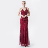 New Women Spaghetti Straps Tulle Embroider Evening Dress Elegant Mermaid Vintage 1920s Great Gatsby Sequin Dress