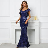 Stretch V Neck Blue Sequin Evening Dress Mermaid Long Party Maxi Prom Dress