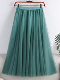 Spring Summer Elastic High Waist Elegant Layered Tulle Skirt Solid A Line Mesh Midi Long Skirt