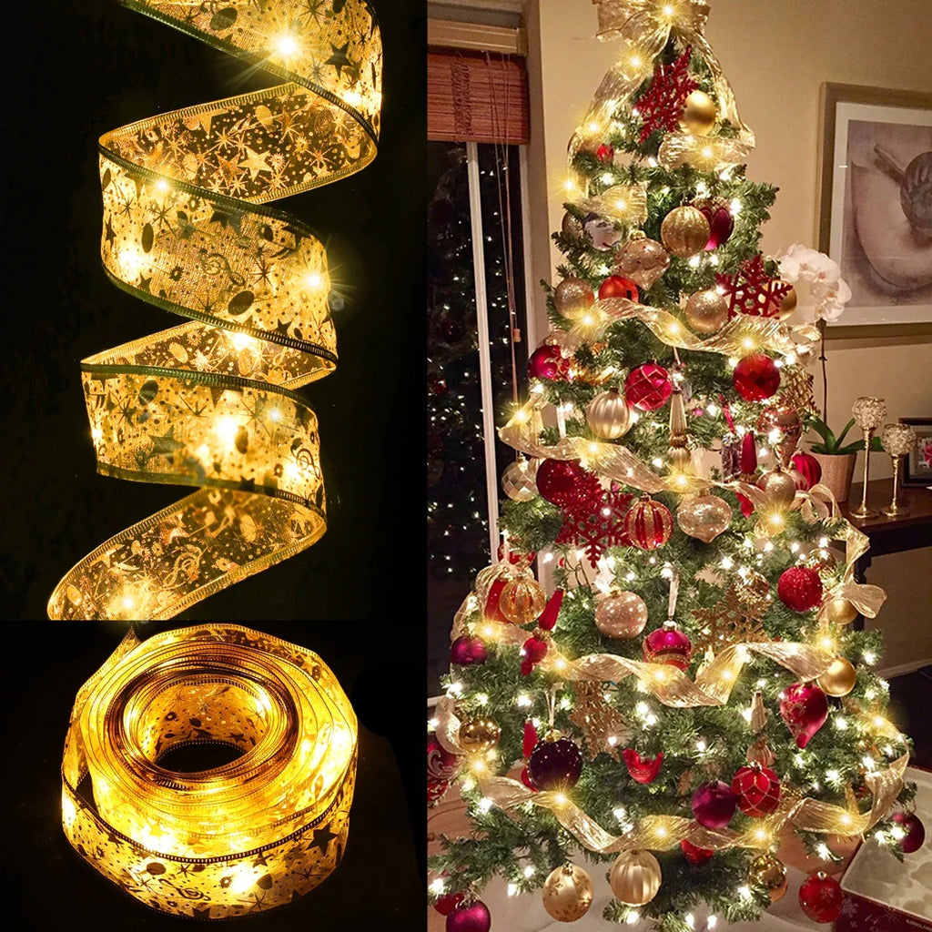 Ribbon Fairy Light String Merry Christmas Decorations Home Ornament Xmas Navidad Gifts