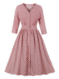 Pink High Waist Pleated Vintage Polka Dot Midi Dresses for Women Autumn 3/4 Length Sleeve Single Breasted Elegant Dress