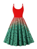 Red to Green Gradient with Polka Dot Pleated Vintage Women's Dresses 2023 Spaghetti Strap O-Neck Christmas Retro Dress