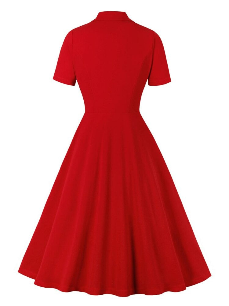 Notched Collar Double Breasted Elegant Red High Waist Office Ladies Women Spring Summer Vintage Midi Dress