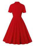 Notched Collar Double Breasted Red Elegant High Waist Office Ladies Dresses Women Vintage Summer Midi Dress