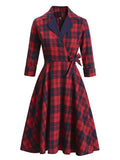 Notched Collar Red Plaid Cotton Vintage 50s Bow Dresses Women Three Quarter Sleeve Elegant Retro Robe Midi Dress