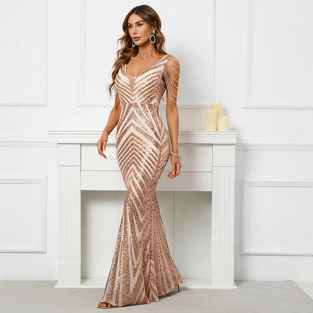 Women Beading Long Prom Dress Deep V Neck Gold Sequin Evening Dress Sexy Party Maxi Dress