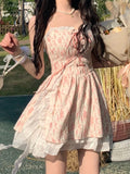 Summer Lace Floral Fairy Korean Bandage Strappy Cute Party Mini Casual Sweet Kawaii Dress