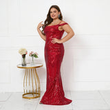 Plus Size Women Elegant Strap Party Maxi Dress Burgundy Sequin Evening Dress Long Prom Dress