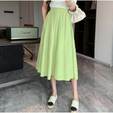 Women Elegant High Waist Pleated Maxi Skirts A-line Long Summer Korean Pink Skirt