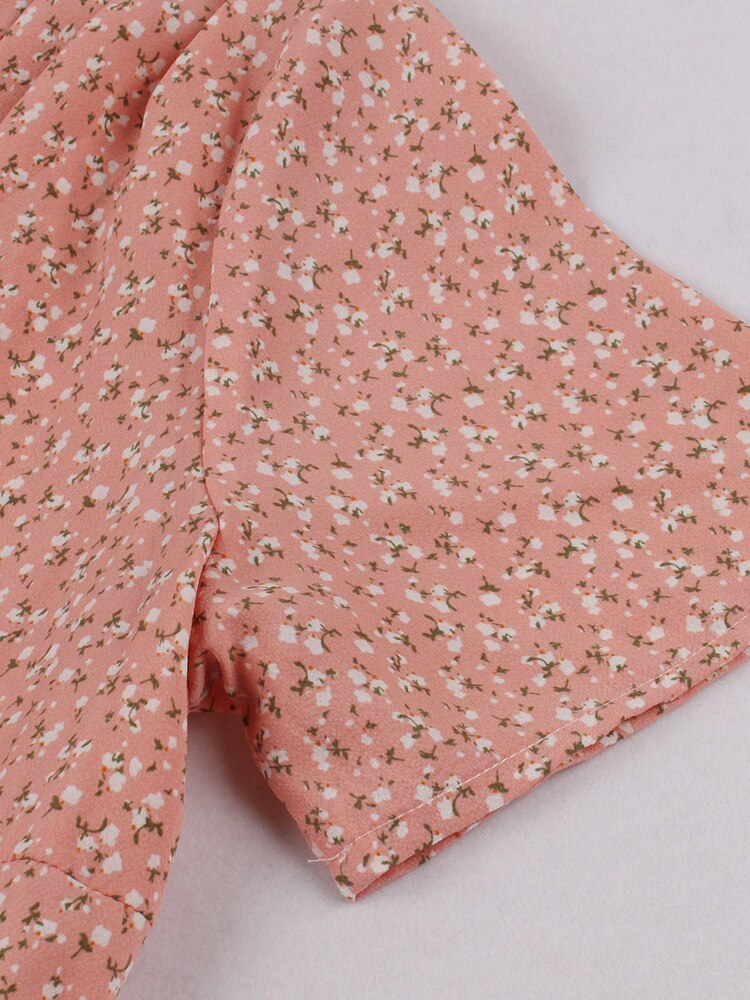 Ruched V-Neck High Waist Floral Pinup Retro Elegant Short Sleeve Pink Women Vintage Pleated Pocket Dress