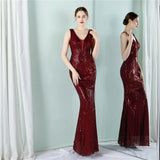 Women Deep V Neck Burgundy Sequin Long Prom Evening Dress Sexy Party Maxi Dress