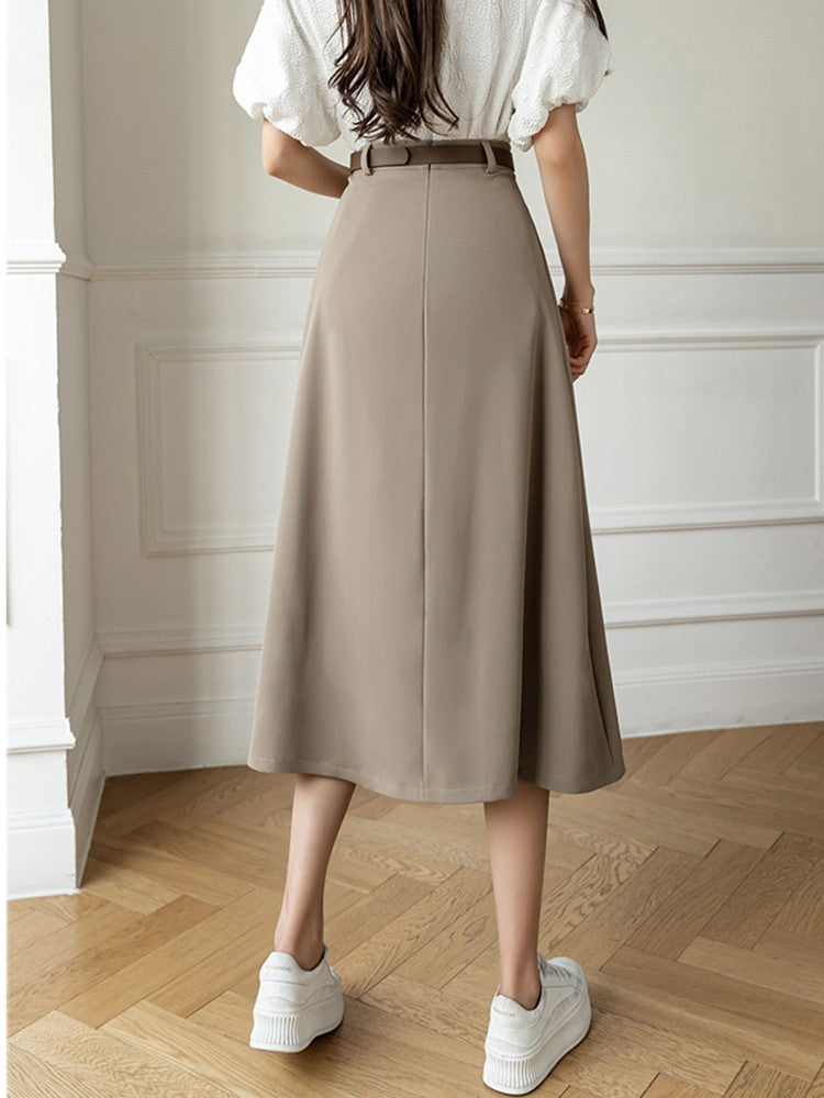 High Waist Casual Women Korean Style Solid Color All-match Ladies Elegant A-line Long Skirt