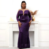 Plus Size Stretch Purple Sequin Dress Pearls Full Sleeve See Through Mermaid Evening Night Long Party Maxi Dress