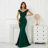 Soft Satin Green Long Evening Dress Elegant Off Shoulder Party Maxi Long Wedding Dress