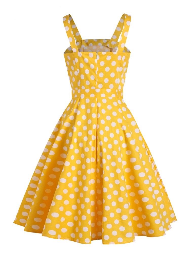 Yellow 50s Pinup Vintage Button Front Polka Dot Summer Tank Women Evening Party Belted Cotton Midi Dress