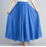 Cotton and Linen Elastic Waist Linen A-line Skirt Long Solid Color Ethnic Dress