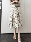 Ladies Elegant A-line Spring England Style Floral Print High Waist Women Long Party Skirt