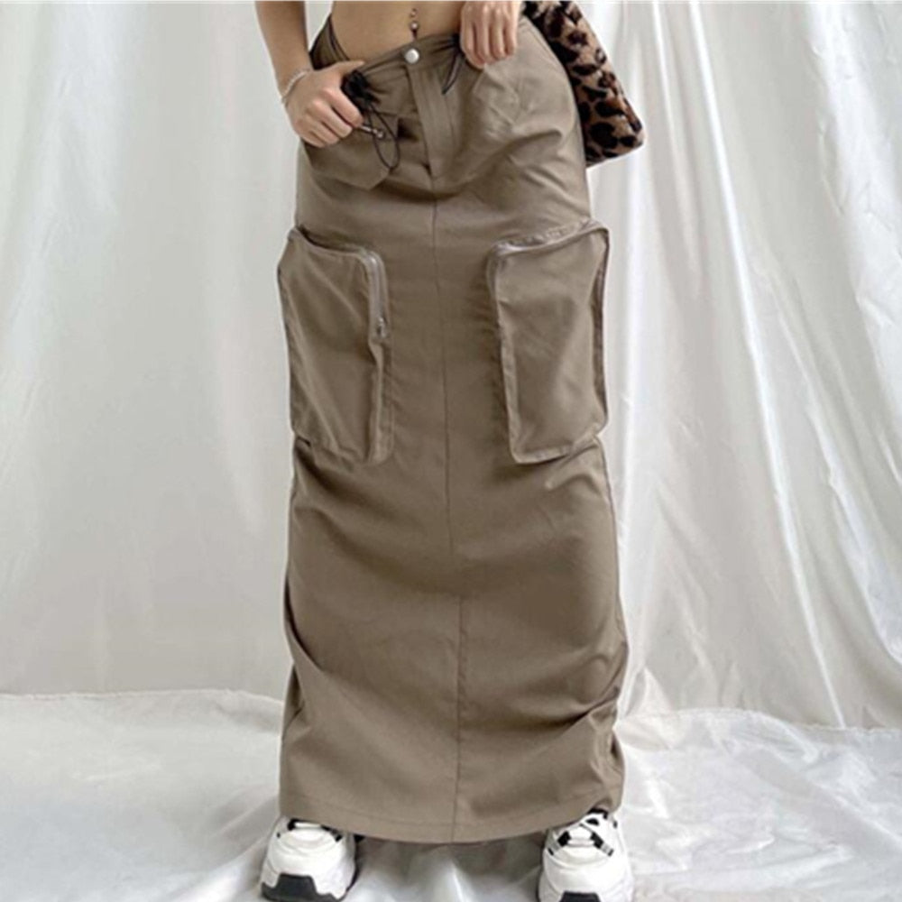 Harajuku Vintage Streetwear Cargo Skirt Retro Techwear Long Skirt Women Casual High Waist Hippie Maxi Skirts