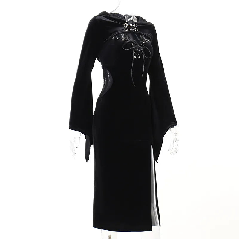 Gothic Suit With Hat See Through Velvet Lace Cutout High Slit Long Sleeve Button Lace-up Party Smock Dress