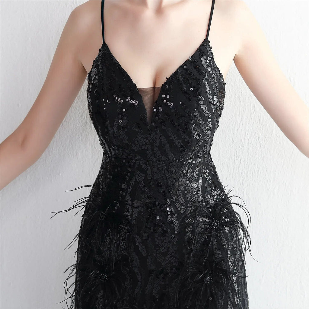 Women Sexy Slit Party Maxi Dress Strap V Neck Feather Evening Black Sequin Long Prom Dress