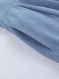 Light Blue Turn Down Collar Vintage Pleated Corduroy Petal Sleeve Elegant Women Pocket Side Solid Midi Dress