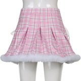 Women Winter Warm Fleece Mini Pleated Skirt Lace High Waist Pink Blue Plaid Skater Sweet Cute Lolita Costume Skirts Lady Girls