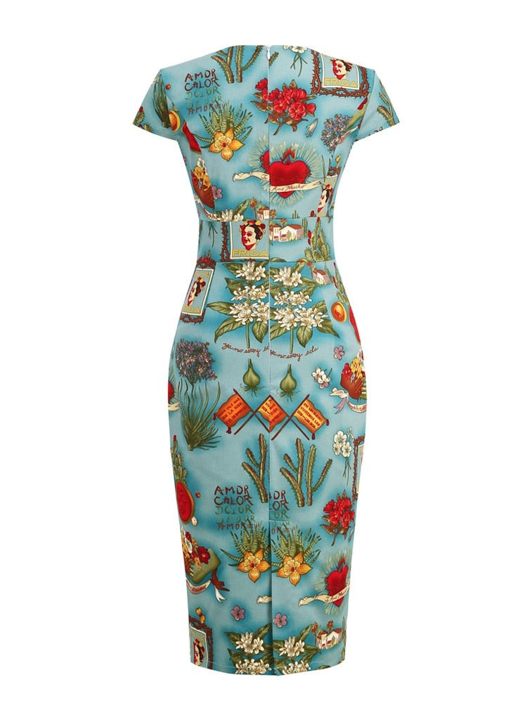 50s Vintage Multicolor Print Summer OL Midi Pencil Women Elegant Pinup Robe High Waist Retro Dresses