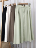 Summer Solid Casual A Line Skirt With Side Pocket Women Office Lady Elegant High Waist Midi Skirt