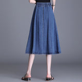 Women Solid Long Denim Vintage High Waist Streetwear Korean All-match Midi A-line Jeans Skirt
