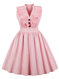 Vintage Cotton Dresses for Women Button Front Ruffle Trim V Neck Pink Elegant Party Summer Pleated Midi Dress