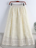 Openwork Lace Woman Solid Vintage Elegant A Line Elastic High Waist Midi Long Skirts