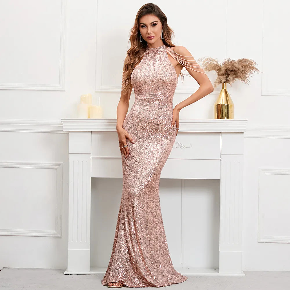 Elegant Off Shoulder Beading Sequin Evening Dress Women Gold Party Bodycon Maxi Long Prom Dress