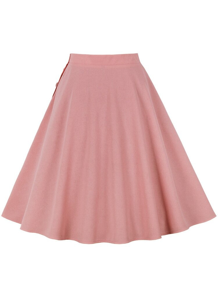 Pink Vintage Style Button Up Side A Line Skater Skirt High Waist Women Summer Casual Skirts