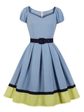 Color Block High Waist 1950s Pinup Vintage Belted Pleated Women Short Sleeve Knee Length Rockabilly Summer Dress