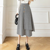 Ladies Elegant A-line Long Spring Office Style Vintage Plaid Single-breasted Women High Waist Casual Skirt