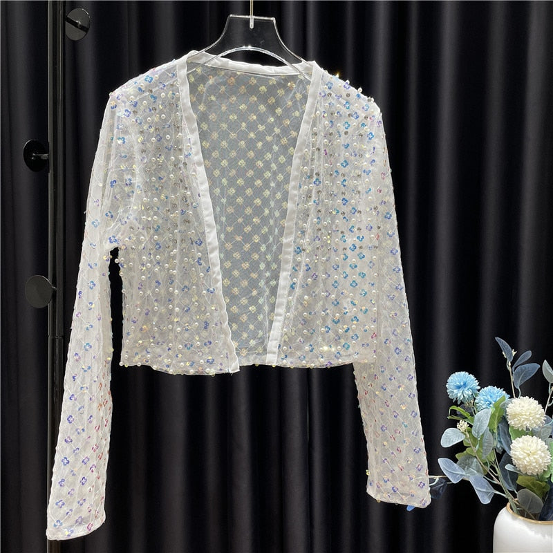 Gypsophila Blue Sequined Short Coat Handmade Bead Embroidery